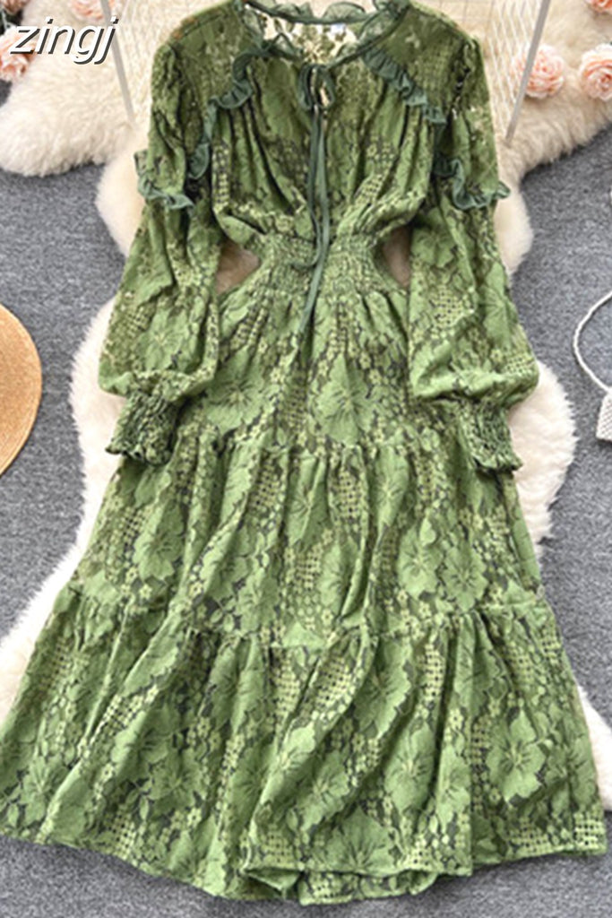 kamames Autumn Women Lace Midi Dress Vintage Round Neck Lantern Long Sleeve High Waist A-Line Elegant Party Robe New Fashion 2023