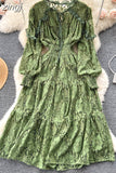 kamames Autumn Women Lace Midi Dress Vintage Round Neck Lantern Long Sleeve High Waist A-Line Elegant Party Robe New Fashion 2023