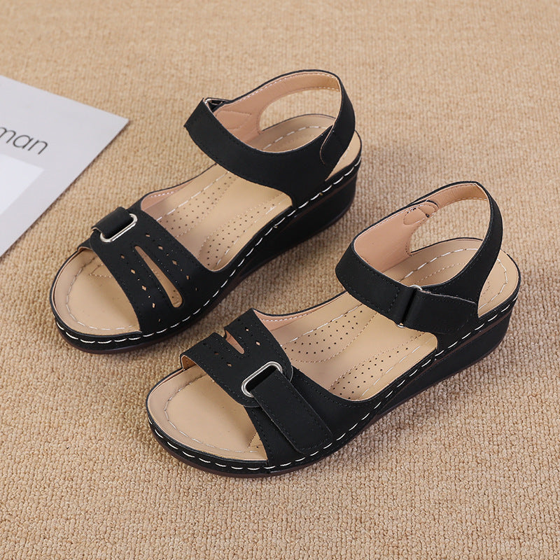 kamames Summer New Retro Women's Shoes Sandals Car Line Hole Shoes Large Size Round Head Slope Heel Comfortable Sandals Women