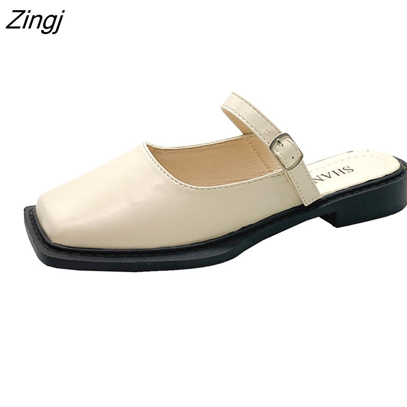 kamames Deformed Heel Autumn Luxury Chain Square Head Shallow Flat Shoes Women's Lazy Loafer Casual Flat Square Heels Lolita Shoes