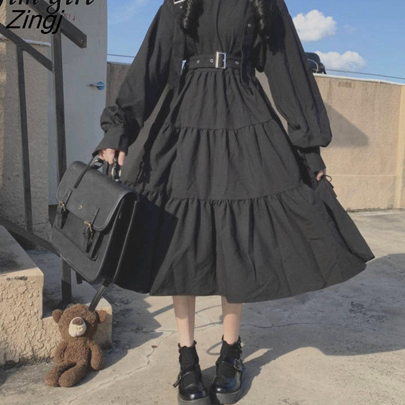 kamames Gothic Black Dress Women Summer Japanese Preppy Style Kawaii Lolita Dress Sweet Long Puff Sleeve Pleated Party Vestidos