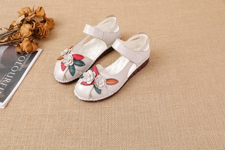 kamames Head Layer Cowhide Cow Tendon Bottom Mother Shoes Flat Sandals Hole Hole Anti-Slip Soft Bottom Soft Surface National Wind