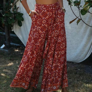 kamames Queens Women Floral Print Wide Leg Bohemian Pant Ladies Sashes Loose Rayon Cotton Boho Long Pants Oversize