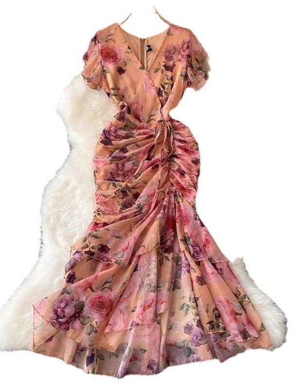 kamames Retro Minority Design Rope Printing V-Collar Jumpsuit Skirt Summer Women's Dress Waist Hip Fishtail Skirt Tide