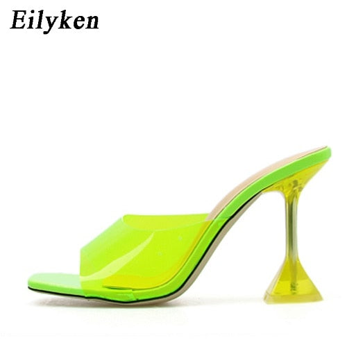 kamames Green Orange PVC Transparent Crystal Spike High Heels Jelly Woman Slippers Street Style Open Toe Sandals Slides Shoes