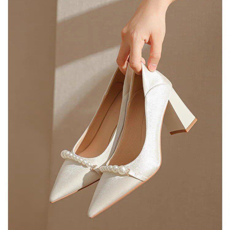 kamames Satin Temperament High Heels, Single Shoes, White Cheongsam Shoes, Bridesmaid Shoes, Daily Wedding Shoes, Female Bride Shoes
