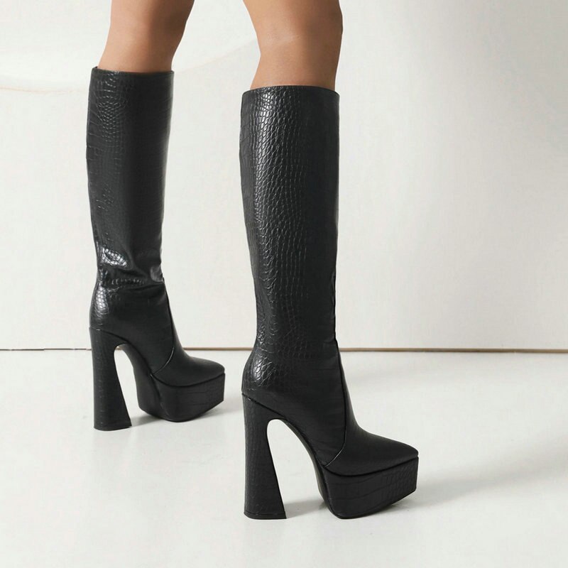 kamames Crocodile Leather Women Knee High Boots Fashion Platform Suqare High Heel Punk Boots Pointed Toe Motorcycle Boots Lady Shoe