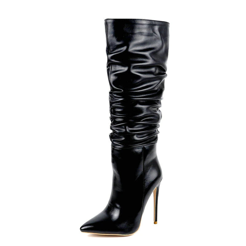 kamames Autumn Winter Women Boots Pleated Fashion Knee High Boots Sexy Thin High Heel Slip On Long Boots Pointed Toe Shoes Size 43