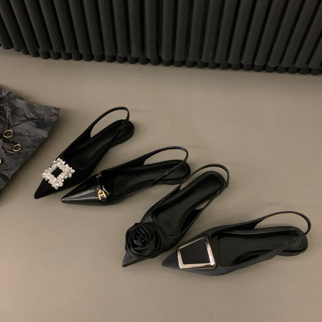 kamames Flat-Bottomed Black Baotou Sandals Fairy Shoes 2023 New Spring And Summer Pointed Diamond Single Shoes