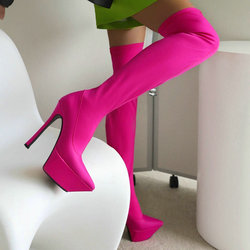 kamames Sexy Stiletto Women's Boots Stetch Fabric Platform Super High Heel Thigh Boots Pointed Toe Autumn Winter Lady Shoes