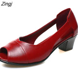 kamames Genuine Leather Comfortable Ladies Mid Heel Sandals Women Shoes Hollow Peep Toe Square Heel Sandals Woman Black