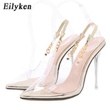 kamames Sexy Nightclub Stripper Heels Pointed Toe Women Pumps Sandals Fashion PVC Transparent Metal Chain Party Femme Shoes