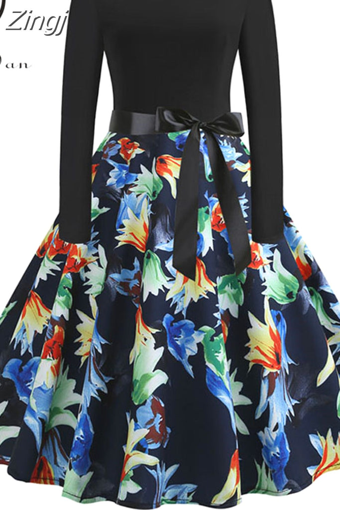 kamames Print Vintage Women New Spring Elegant Party Long Sleeve Casual Black Patchwork Midi Dress