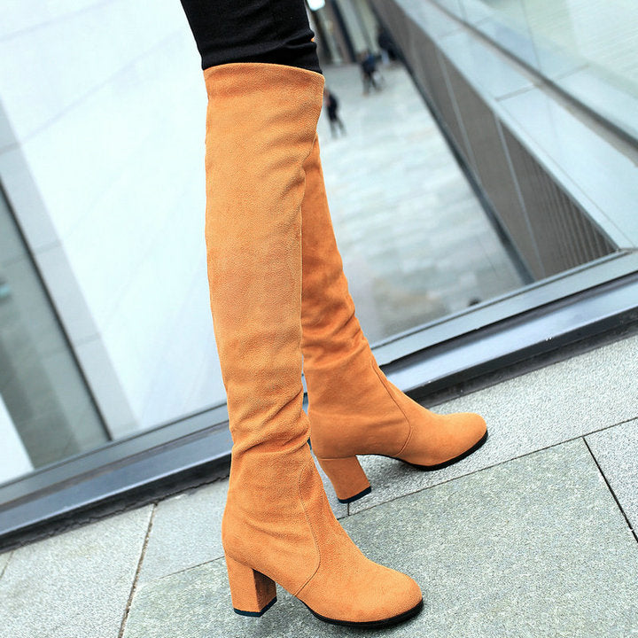 kamames Fashion Knee High Boots Women's Winter Boots Thick High Heel Stretc Long Boots Slip On Autumn Shoes Woman Black White