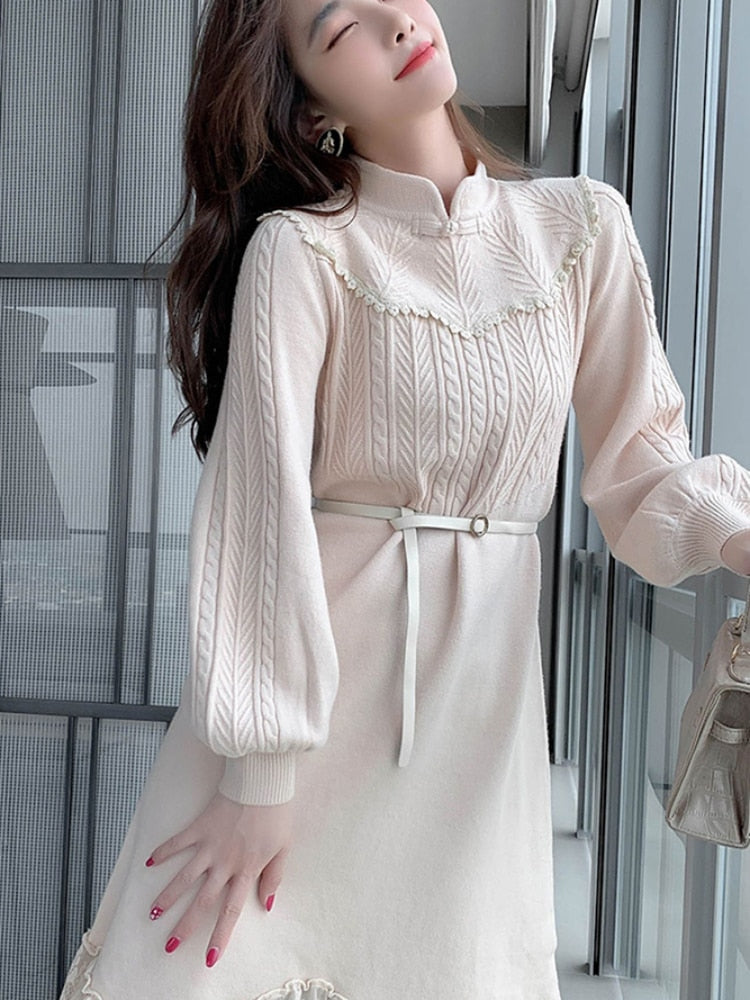 kamames Dresses for Women Party Long Sleeve Midi Patchwork Knitted Sweater Dress Lace Stand Collar A-Line Chinese Style Winter 2023