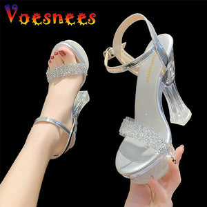 kamames Crystal Heels Women Clear Platforms Shoes 2022 Summer Bling Silvery High Heels Sandals Female Transparent PVC Sexy Wedding Shoes