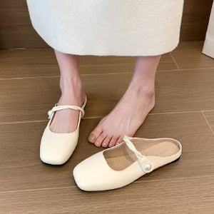 kamames Gentle Semi-Slippers Flat-Soled Shoes Women's Bag Head With A Soft Sole Silver Mary Jane Women's Shoes Temperament Word Flip-Flops