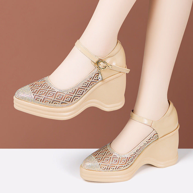 kamames Heel Water Drill Sandals 2024 Summer New Soft-Soled High-Heeled Thick-Soled Waterproof Platform One-Word Buckle Comfortable Hollowed-Out Single Shoes