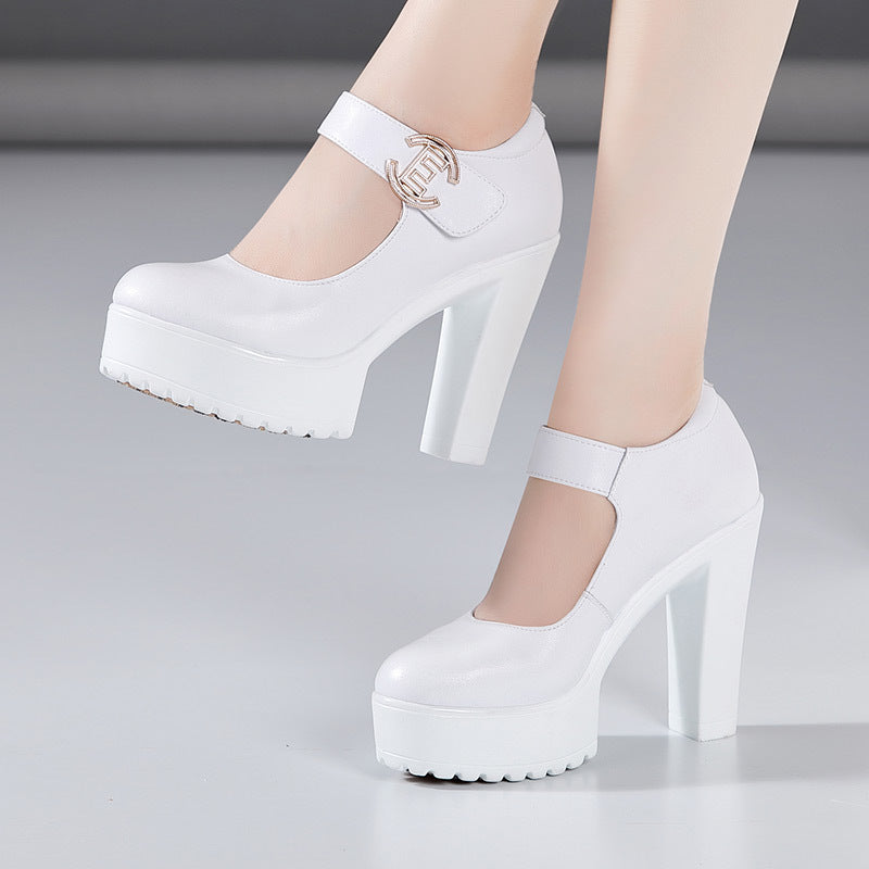 kamames Cowhide Cheongsam Model Catwalk High Heels Women's Non-Slip Round Head Thick-Soled Waterproof Platform Professional Work Shoes Women's Singles Shoes