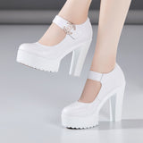 kamames Cowhide Cheongsam Model Catwalk High Heels Women's Non-Slip Round Head Thick-Soled Waterproof Platform Professional Work Shoes Women's Singles Shoes
