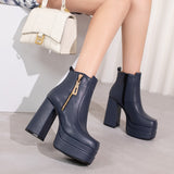 kamames Fashion Women Boots Double Platform Chunky High Heel Ankle Boots Square Toe Zipper Punk Boots Autumn Winter Lady Shoes
