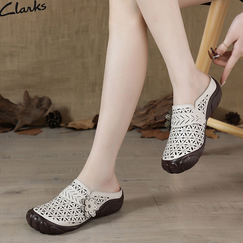 kamames Head Layer Cowhide Leisure Women's Shoes Ethnic Wind Leather Flowers Breathable Women's Sandals Large Size Comfortable Soft Sole Slippers