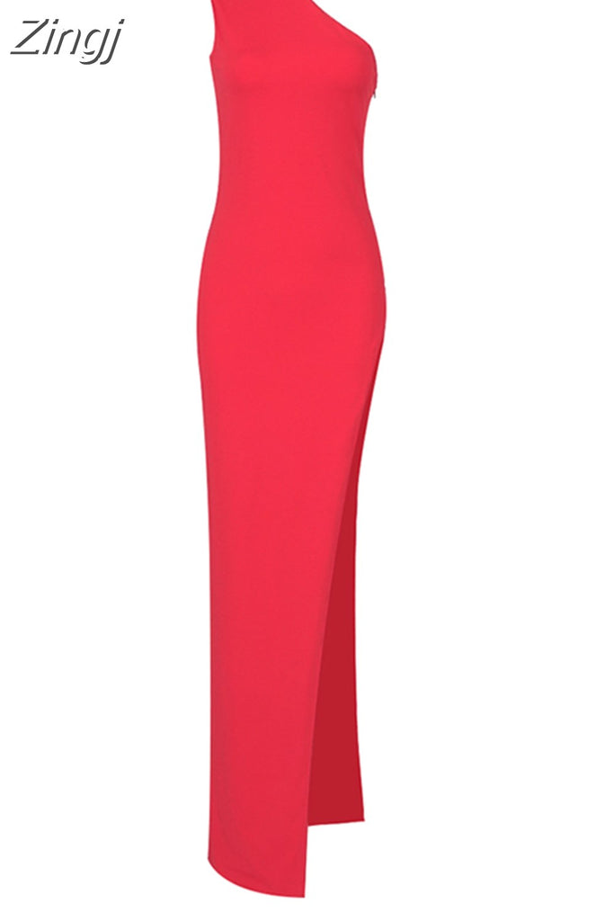 kamames Halter O Neck Sleeveless High Slit Bodycon Long Dress Summer Red One Shoulder Tight Split Maxi Dress Celebrity Club Party