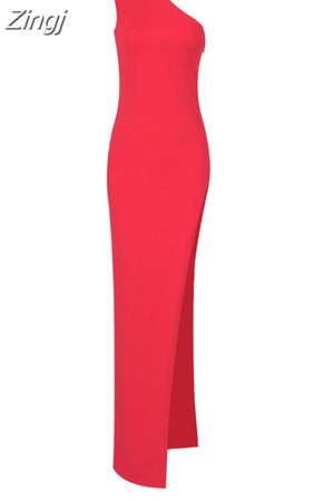 kamames Halter O Neck Sleeveless High Slit Bodycon Long Dress Summer Red One Shoulder Tight Split Maxi Dress Celebrity Club Party