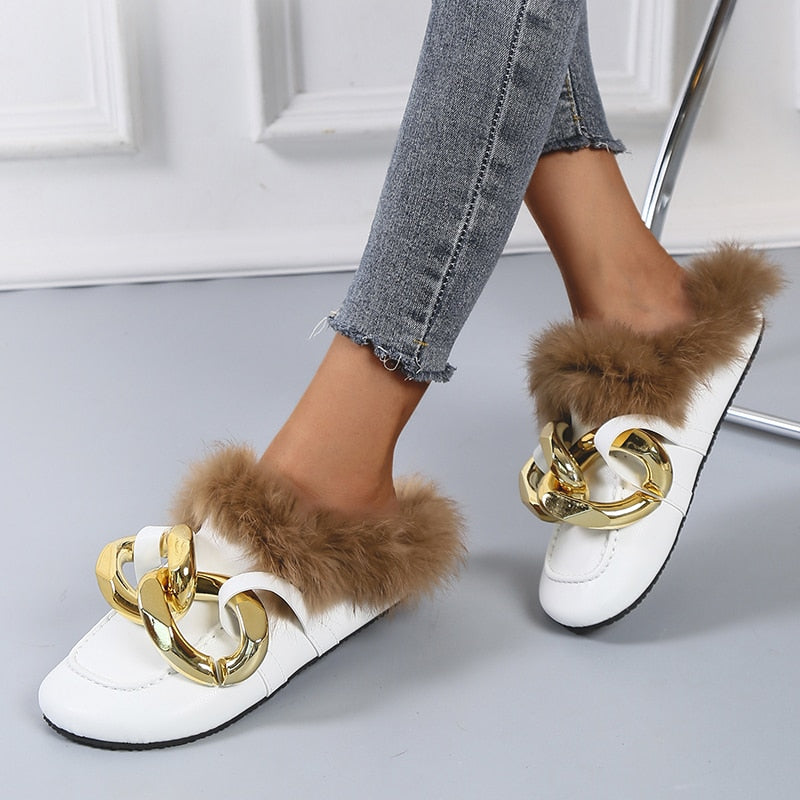 kamames Real Fur Metal Chain Mules Women Shoes Loafers Round Toe Casual Shoes Women Furry Slides Fluffy Hairy Flip Flops