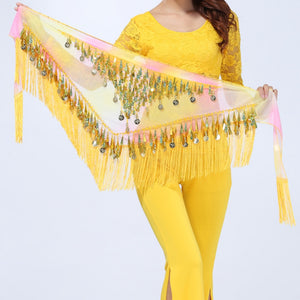 kamames Dance Hip Skirt Scarf For Wrap Waist Belt Bling Golden Coins Sequins Tassels Dance Accessories Chiffon fringe scarf