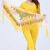 kamames Dance Hip Skirt Scarf For Wrap Waist Belt Bling Golden Coins Sequins Tassels Dance Accessories Chiffon fringe scarf