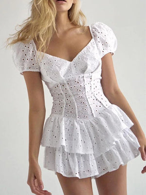 kamames Ruffles Pleated Dress Women Puff Sleeve Chic Black Summer Party Robe De Cocktail Hollow Out Vintage Corset Sundress Ladies