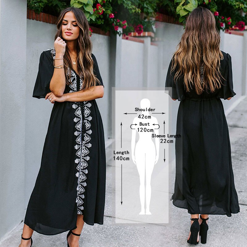 kamames Elegant Blue Long Cotton Women Summer Beach Tunic Dress Plus Size Sexy V-Neck Wrist Party Dress Pareo Kaftan Femme Q529