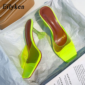kamames Green Orange PVC Transparent Crystal Spike High Heels Jelly Woman Slippers Street Style Open Toe Sandals Slides Shoes