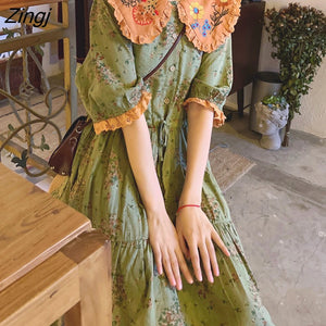 kamames Floral Embroidery Lolita DressWomen Summer Kawaii Peter Pan Collar Loose Dress Elegant Luxury High Waist Party Vestidos
