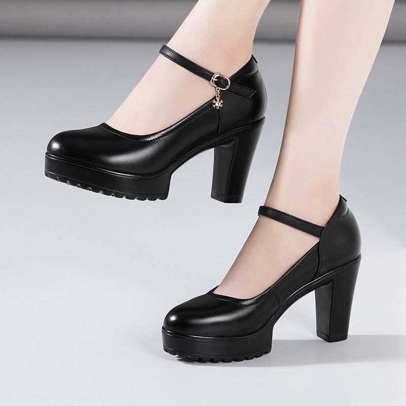 kamames Cowhide Catwalk High Heels Women's Anti-Skid Thick Heel Waterproof Platform Cheongsam Models Soft Leather Work Shoes Women's Singles