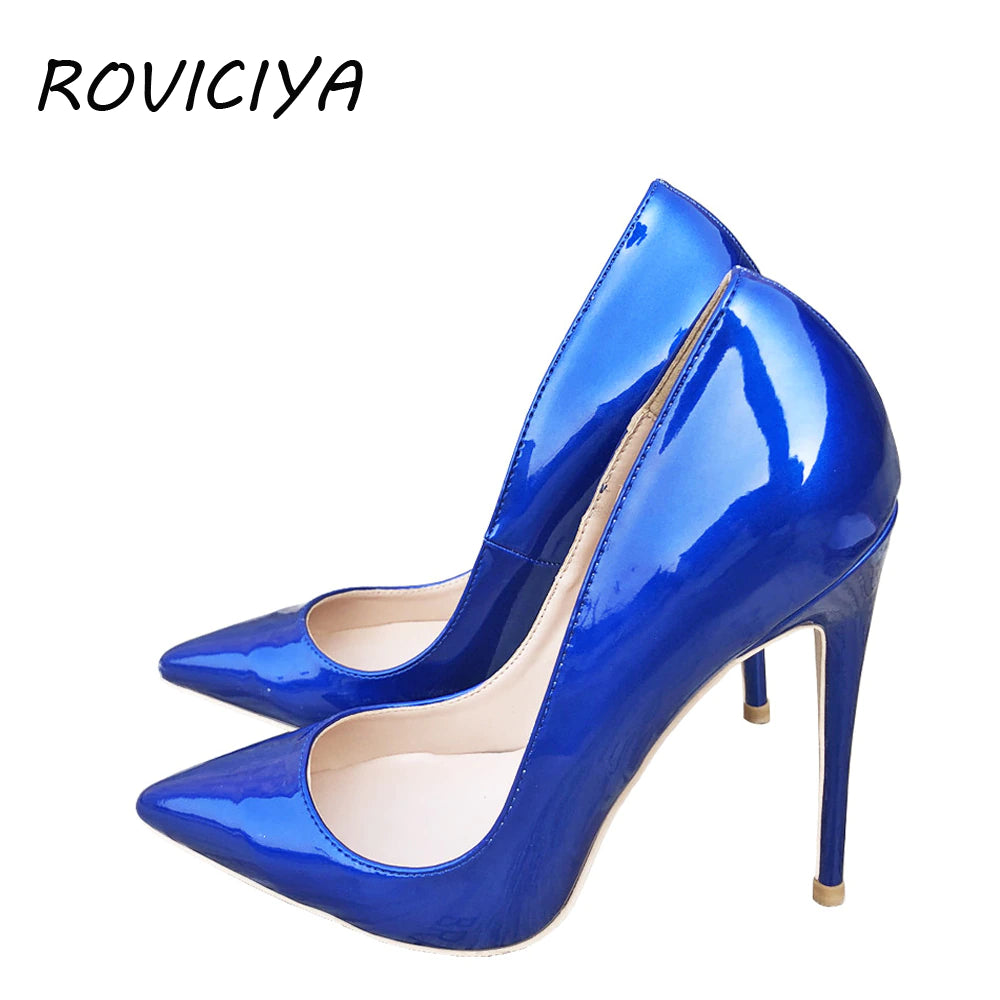 kamames Sexy Women High Heels Shoes Stiletto 12 cm Pumps Blue Pointed Toe Woman Shoes Party Plus Size 34-45 QP044 ROVICIYA