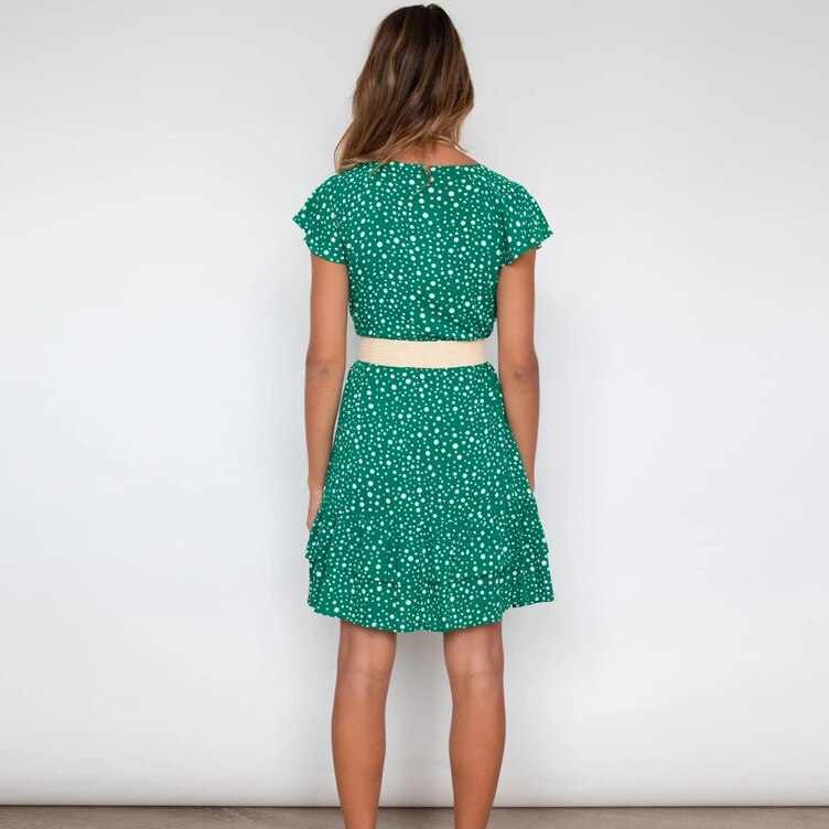 kamames Queens Women Floral Print Short Sleeve Beach Bohemian Mini Dress Ladies V-neck Boho Sundress Vestidos