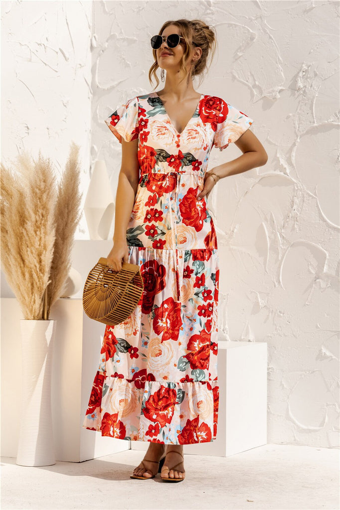 kamames Queens Women Floral Print Short Sleeve Beach Bohemian Maxi Dress Robe Ladies V-neck Boho Dresses Vestidos