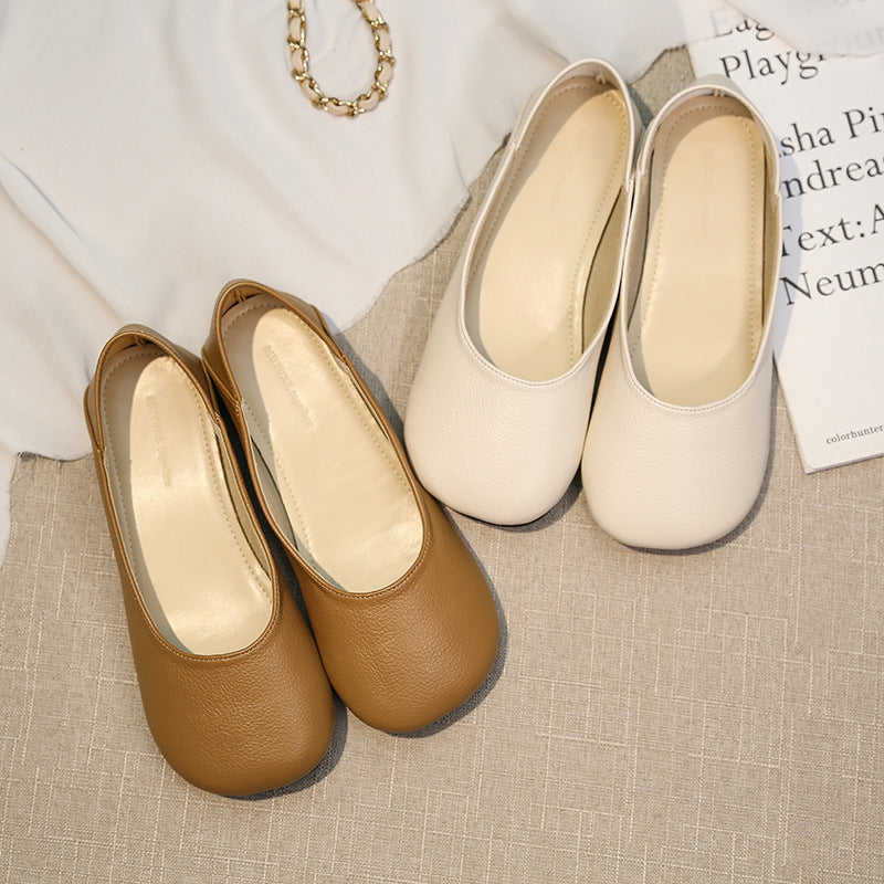 kamames Grandma Shoes Women's Summer 2024 New Flat-Soled Shallow Single Shoes Retro Mango Head Bean Shoes Low-Heeled Leather Shoes