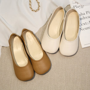 kamames Grandma Shoes Women's Summer 2024 New Flat-Soled Shallow Single Shoes Retro Mango Head Bean Shoes Low-Heeled Leather Shoes