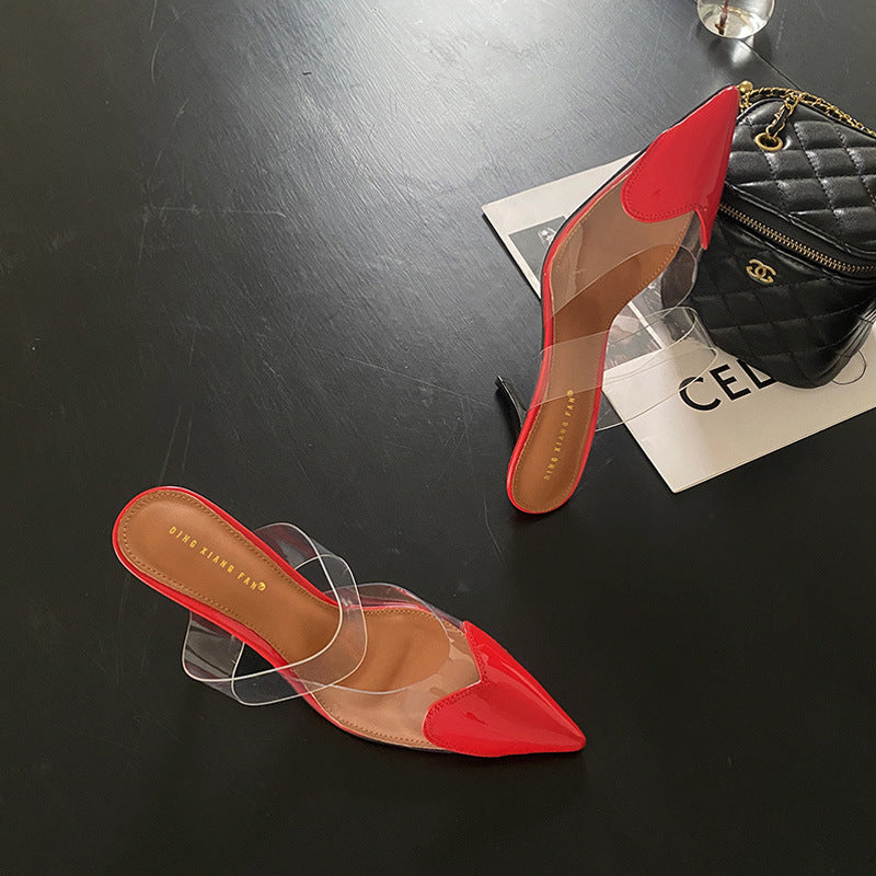 kamames Heels Transparent Love Noodles Spring And Summer New Matching Color Thin-Heeled Women's Shoes Korean Version Of Shallow Mouth Baotou Semi-Pointed Women's Shoes