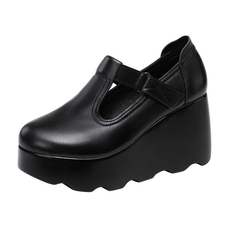 kamames Heel Slope Shallow Mouth Single Shoes 2023 Autumn New Muffin Thick Bottom Waterproof Table Round Head Large Size Female Mother Shoes