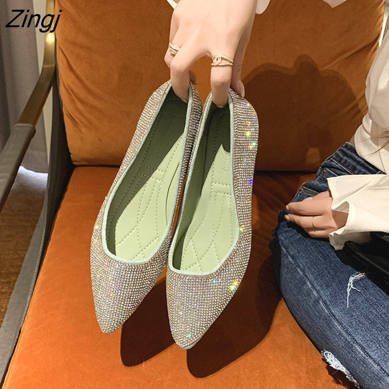 kamames Diamond Flat Shoes Woman Pointed Toe Loafers Flat Shallow Lighter Crystal Shoes Diamond Pointed Hidden Heel Wedding Shoes