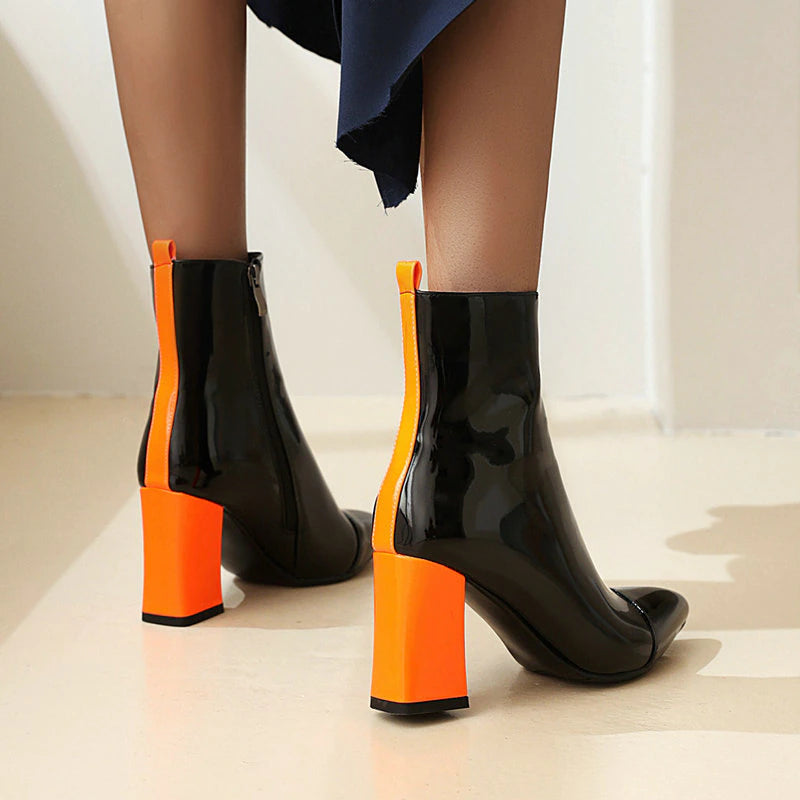 kamames Red Black Women Boots Fashion Pantet Leather Sqaure High Heel Ankle Boots Pointed Zipper Candy colors Ladies Shoes