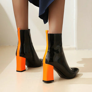 kamames Red Black Women Boots Fashion Pantet Leather Sqaure High Heel Ankle Boots Pointed Zipper Candy colors Ladies Shoes