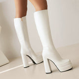 kamames Fashion Women Knee High Boots Faux Leather Platform Chunky High Heel Punk Boots Square Toe Zipper Autumn Winter Lady Shoes