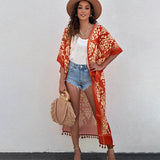 kamames Printed Fringed Long Kimono Dress Bikini Wrap Cover-ups Plus Size Women Summer Clothes Beach Wear Swim Suit Cover Up A1098