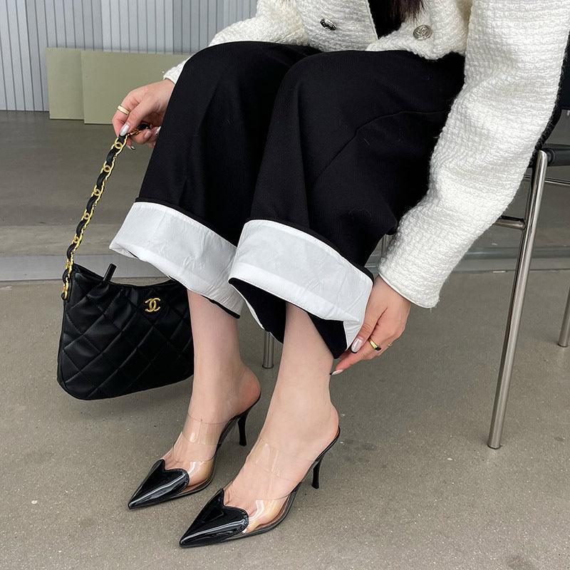 kamames Heels Transparent Love Noodles Spring And Summer New Matching Color Thin-Heeled Women's Shoes Korean Version Of Shallow Mouth Baotou Semi-Pointed Women's Shoes