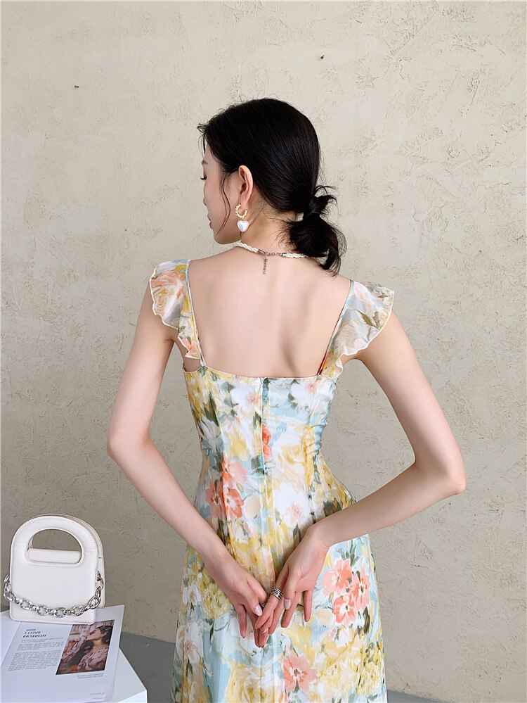 kamames Floral Chiffon Long Tank Dress Women Summer 2021 Backless Vintage A Line Tunic Ladies Midi Dress Korean Fashion